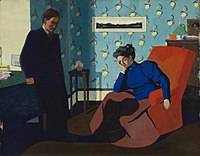 Intérieur fauteuil rouge et figures, deutsch: Innen, Inneneinrichtung oder auch Zuhause, roter Sessel und Gesichter oder Figuren, 1899