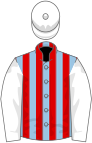 Light blue and red stripes, white sleeves and cap