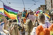 Bruk av regnbueflagg under pridemarsjen i Oslo 2019 Foto: Stephen Gerard Simmersholm