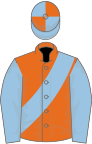 Orange, light blue sash and sleeves, light blue and orange quartered cap