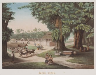 Bazar Gedeh, de begraafplaats van de vorsten van Djocjocarta en de beschreven steen. Door F.C. Wilsen naar 'De Indische Archipel : taferelen uit de natuur en het volksleven in Indië' 1865-1876