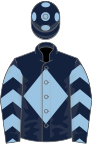 Dark blue, light blue diamond, chevrons on sleeves, dark blue cap, light blue spots