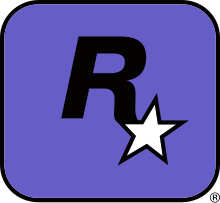 A capital "R" in black with a five-pointed, white star with a black outline appended to its lower-right end. They lay on a purple square with a black outline and rounded corners.