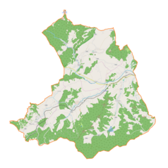 Mapa konturowa gminy Stryszawa, blisko centrum na dole znajduje się czarny trójkącik z opisem „Pierchałowa Góra”