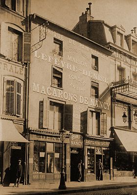 Réclame pour des Macarons de Nancy, confiserie-biscuiterie Lefèvre-Denise, 55 rue Saint-Dizier à Nancy, vers 1890.