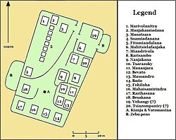 Map showing the layout of nearly twenty small structures within the compound