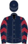 Dark blue, maroon epaulets, chevrons on sleeves