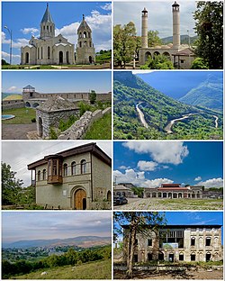 Landmarks of Shusha, from top left: Ghazanchetsots Cathedral • Yukhari Govhar Agha Mosque Shusha fortress • Shusha mountains House of Mehmandarovs • City center Shusha skyline • House of Khurshidbanu Natavan