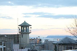 Guard tower in 2014. Hudson River and the original Tappan Zee Bridge are in the background.