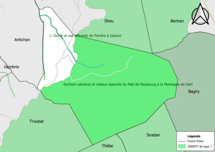 Carte des ZNIEFF de type 1 sur la commune.