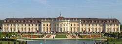 Ludwigsburg Palace and the Blooming Baroque gardens seen from the south garden in 2019. In the center and background is the Neuer Hauptbau and in particular the Marble Hall.