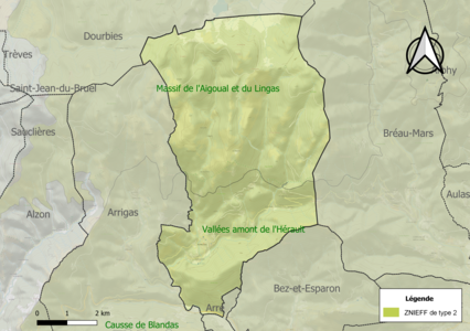 Carte des ZNIEFF de type 2 sur la commune.