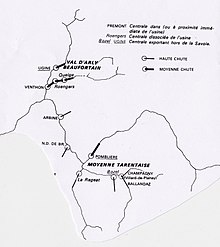 Carte en noir et blanc présentant de façon simplifiée la position des centrales