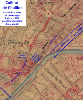 Site de la colline de Chaillot vers 1840 sur carte d'état major.