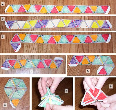 A series of photos detailing construction and "flexing" of a hexaflexagon