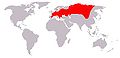 Distribución mundial da toupa europea. A súa distribución na Península coincide co límite de distribución da toupa ibérica, polo que non acostuman cohabitar.