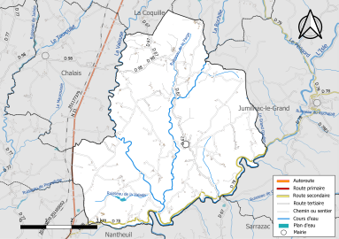 Carte en couleur présentant le réseau hydrographique de la commune