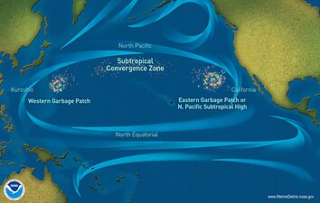 Vast plastic garbage patches like the Great Pacific Garbage Patch have accumulated at the centre of ocean gyres.[38]