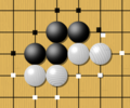 Image 21One black chain and two white chains, with their liberties marked with dots. Liberties are shared among all stones of a chain and can be counted. Here the black group has 5 liberties, while the two white chains have 4 liberties each. (from Go (game))