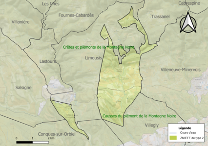 Carte des ZNIEFF de type 2 sur la commune.