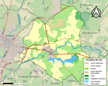 Kaart van de gemeente met de belangrijkste infrastructuur, bodemgebruik en omliggende gemeenten