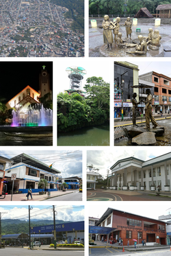 From top, left to right: Aerial view of the city, monument to the indigenous groups of Pastaza, Our Lady of the Rosary Cathedral, viewpoint next to the Puyo River, monument to the Indian-mestizo Forge, Pastaza Governorate, Amazon State University, Puyo Bus Station and Ethno-archaeological Museum.