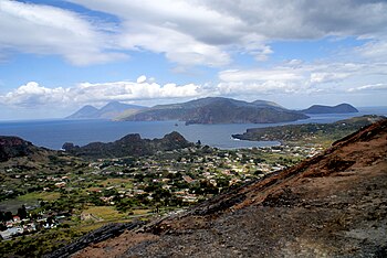 The Aeolian Islands: standing on Vulcano, Lipari in the middle, Salina at the left, Panarea at the right