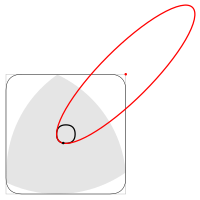 Reuleaux triangle in a square, with ellipse governing the path of motion of the triangle center