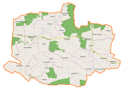 Mapa konturowa gminy Uchanie, po prawej nieco na dole znajduje się punkt z opisem „Mojsławice”