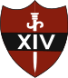 A red shield with a virtual white sword, pointing down. A central black horizontal bar, containing the Roman numeral XIV in white, overlaps the sword.