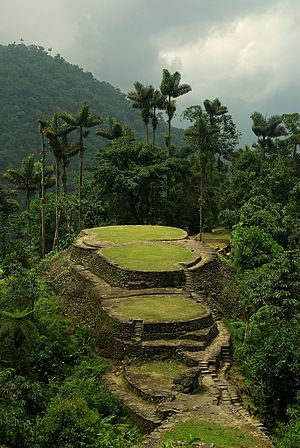 Zentraler heiliger Platz (La Capilla) der Ciudad Perdida. Von den ursprünglichen Wohnhäusern sind nur die Natursteinfundamente erhalten geblieben.[1]