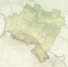 Mapa konturowa województwa dolnośląskiego, na dole znajduje się punkt z opisem „źródło”, powyżej na lewo znajduje się również punkt z opisem „ujście”