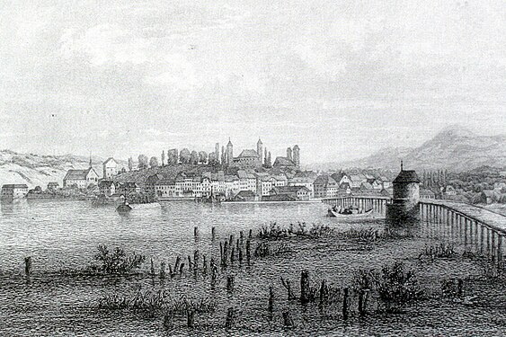 The wooden bridge and Heilig Hüsli on a steel engraving (1865), Rapperswil in the background