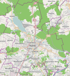 Mapa konturowa Rybnika, na dole znajduje się punkt z opisem „KWK Chwałowice”