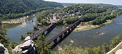 Aerial view of Harpers Ferry from Maryland Heights at the confluence of the Shenandoah (left) and Potomac rivers