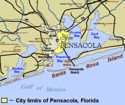 Pensacola: Site of 1698 settlement near Fort Barrancas is marked "X" (above left end of Santa Rosa Island).