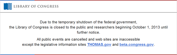 Homepage der LoC: Government Shutdown 2013