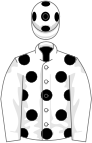 White, black spots, white sleeves, white cap, black spots