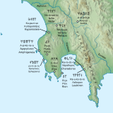 Map of Messenia, with sites labelled in Linear B, Greek and English.