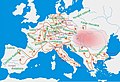 Image 39Hungarian campaigns across Europe in the 10th century. Between 899 and 970, according to contemporary sources, the researchers count 47 (38 to West and 9 to East) raids in different parts of Europe. From these campaigns only 8 were unsuccessful and the others ended with success. (from History of Hungary)