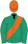 Emerald green, orange sash, orange cap