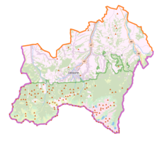 Mapa konturowa powiatu tatrzańskiego, na dole po lewej znajduje się punkt z opisem „źródło”, natomiast po lewej nieco na dole znajduje się punkt z opisem „ujście”