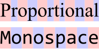 ในภาพนี้ Proportional เขียนด้วยฟอนต์ความกว้างแปรผัน ส่วน Monospace เขียนด้วยฟอนต์ความกว้างคงที่