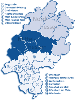 Map of Hesse highlighting the Regierungsbezirk of Darmstadt