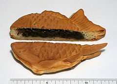 Cut taiyaki, showing the azuki bean filling