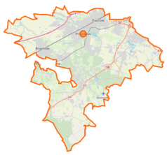 Mapa konturowa powiatu pruszkowskiego, blisko centrum u góry znajduje się punkt z opisem „Pęcice Małe”