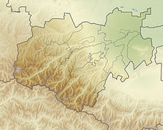 Mapa konturowa Kabardo-Bałkarii, na dole nieco na lewo znajduje się czarny trójkącik z opisem „Dychtau”