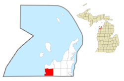 Location within Leelanau County (red) and the administered village of Empire (pink)