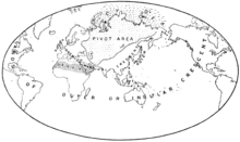 A crude world map with various zones of influence written on them