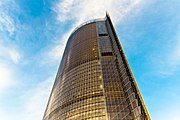 Post Tower at sunset, from below